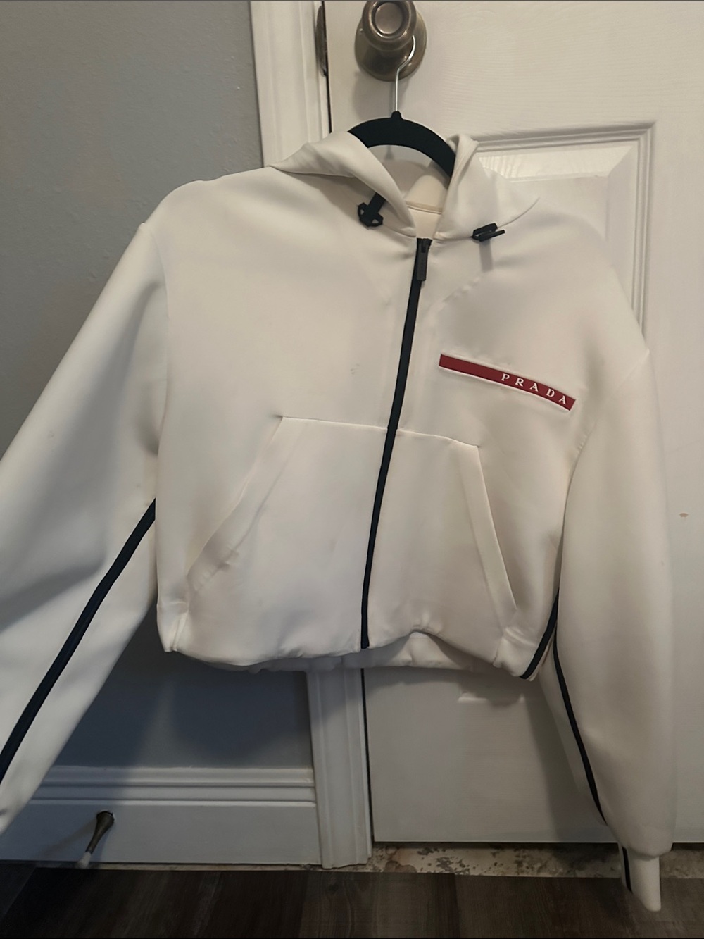 Prada White Hooded Zip-Up Jacket with Red Logo Trim